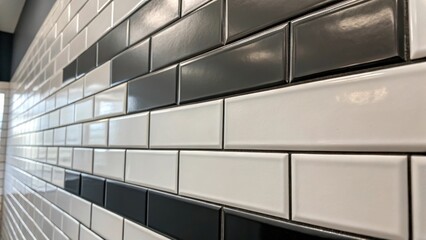 Aufkleber - A close inspection of a modern bathroom wall featuring elongated tiles paired with dark grout showcasing the clean separation and depth created by the interplay of color and