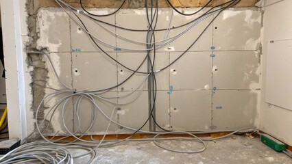 Poster - A close inspection of an unfinished wall with protruding wires emulating a chaotic web the surrounding surface marked by patchy repairs and dust.