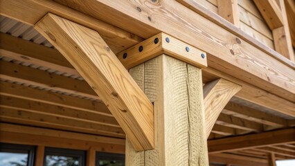 Aufkleber - A close focus on a beams end cap revealing detailed joinery work with insulation closely fitted giving an impression of both stability and aesthetic appeal.