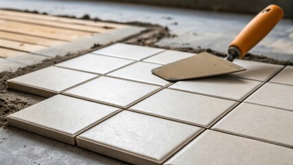Aufkleber - A close focus on tiles in midapplication with a trowel resting beside them demonstrating the tactile nature of the renovation work in progress.