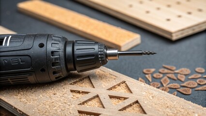 Poster - A closefocus shot of a Dremel tool its intricate design highlighted against the backdrop of tered sandpaper and tiny wood pieces showcases the finer details of the renovation