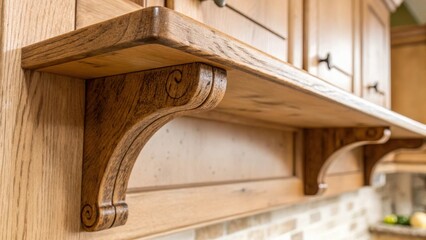 Poster - A closefocused view of a wooden shelf bracket its rustic finish and natural imperfections enhancing the handcrafted feel of the kitchen cabinetry.
