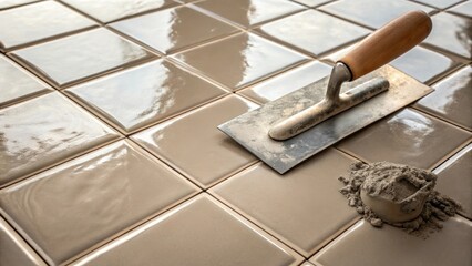 Aufkleber - A close focus on the glossy surface of a ceramic tile featuring a subtle shimmer beside a chunky trowel handle and a small pile of freshly prepared grout.