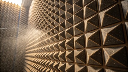 Aufkleber - A close examination of a series of staggered acoustic panels combining different patterns and textures with dust particles speckled in the sunlight filtering through the room.