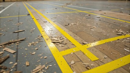Poster - A close examination of a floor with splintered wood and tered debris from the stripping process accompanied by bright yellow painted lines indicating the sections for new flooring