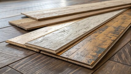 Poster - A casual arrangement of layered flooring boards displaying a mix of scraped surfaces and smooth patches with light reflecting unevenly off their edges.