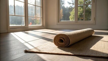 Aufkleber - A captured moment of sunlight hitting the edge of a rolledup area rug casting soft shadows across the floor enhancing the raw beauty of an unfurnished living space.