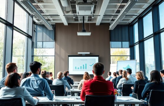 Group of business people attend corporate training session in modern conference room. Attendees listen to speaker presenting data on projector screen. Natural light streams through large windows. Pro