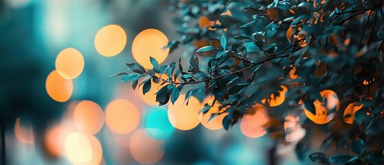 Canvas Print - Teal leaves with bokeh lights.