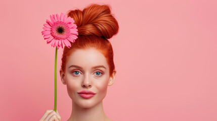 Wall Mural - Stunning closeup of a redheaded woman adorned with a flower, radiating natural beauty against a soft pink backdrop.