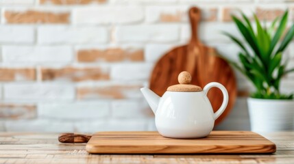 Wall Mural - Bright kitchen space featuring a charming tea set on a rustic wood counter, perfect for home decor inspiration.