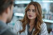 © neatlynatly - A female pharmacist engages in a conversation with a male customer in a pharmacy setting, characterized by bright lighting and a professional atmosphere.