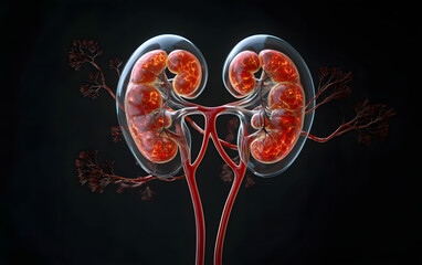 3D illustration of human kidneys and bladder with arteries and veins.