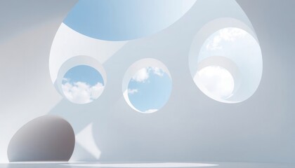 Poster - Empty white building interior shows futuristic architecture. Circular windows let in soft blue sky light. Modern design, structural elements create bright, airy space. Abstract building interior.