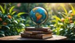 © Eky Epsa - Globe and Books in Garden.  Concept of global education and exploration.