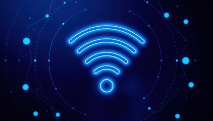 Poster - futuristic wifi symbol design. blue neon wifi symbol on dark blue background. techy design with geom