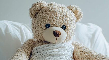 a fluffy teddy bear wrapped in a white knitted scarf, sitting on a white background.