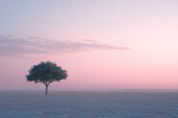 Wall Mural - A solitary tree on an expansive plain beneath a gentle pink sunset, capturing modern stillness