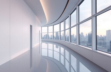 Poster - Empty modern corridor with large windows city skyline. Modern building architecture reflected on smooth floor. Empty space creates futuristic vibe. Clean lines, light fill area. Excellent for