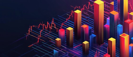Poster - Abstract 3D cityscape with dynamic stock market chart.