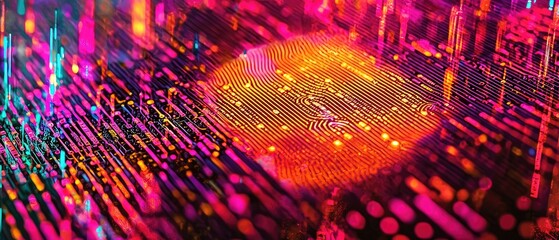 Poster - Abstract digital circuit board glowing with vibrant pink, orange, and teal lights.