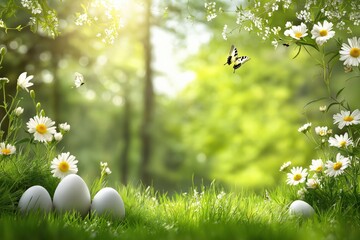 Wall Mural - A tranquil Easter scene with white eggs nestled in lush green grass surrounded by daisies and illuminated by sunlight, symbolizing spring and renewal during the Easter celebration.