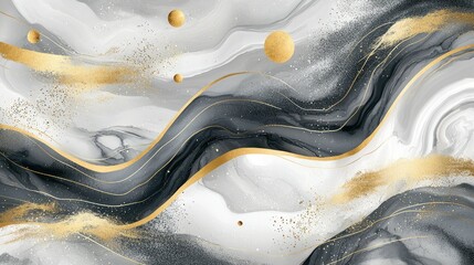 Poster - Abstract gray and gold marble texture with flowing lines and gold particles.