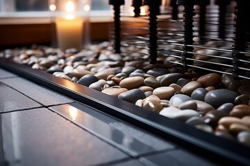 Decorative River Rocks Surround a Modern Fireplace Design With Black Metal Details. Interior Design.