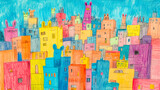 Colorful cityscape with cartoon rabbits and buildings, crayon drawing
