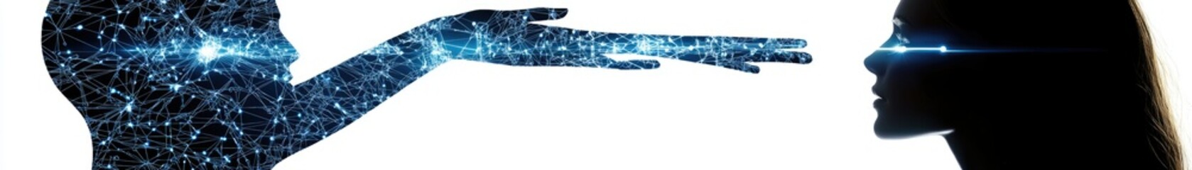 Poster - AI hand reaching towards a woman's face, symbolizing technological connection.