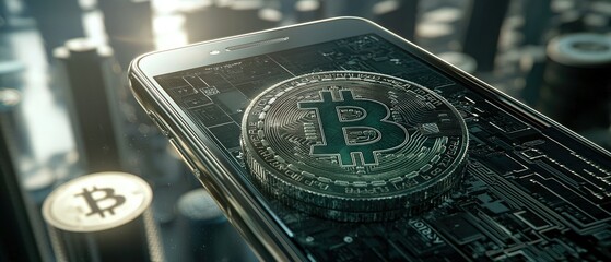 Poster - Bitcoin cryptocurrency on a smartphone screen, futuristic city background.