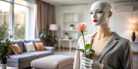 Mannequin holding a rose with a subtle smile and stylish outfit in a modern living room setting, fashion, interior