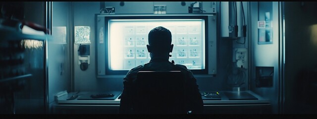 Aufkleber - Person sits in dark room before large monitor displaying grid of images.