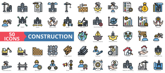 Leinwandbilder - Construction icon collection set. Containing building, project, skyscraper, crane, build, equipment, prepared icon. Simple flat outline vector illustration