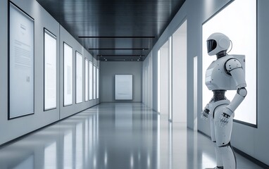 Aufkleber - Futuristic robot standing in a modern gallery hallway, observing art displays.