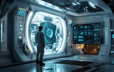 Aufkleber - A man in a white suit stands in a futuristic spaceship interior, gazing at a large circular window with glowing technological details.