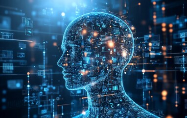 Aufkleber - Abstract digital human head with glowing data streams and network connections, representing AI, technology, and digital transformation.