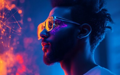 Poster - A young man with sunglasses, illuminated by vibrant neon lights and sparks.