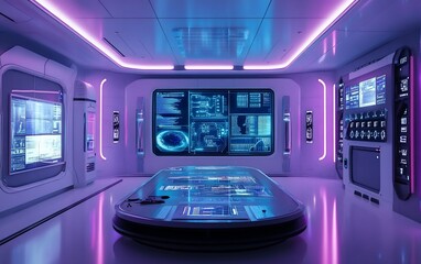 Aufkleber - Futuristic control room interior with screens, consoles, and purple lighting.