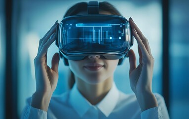 Poster - Woman using VR headset, experiencing immersive virtual reality.
