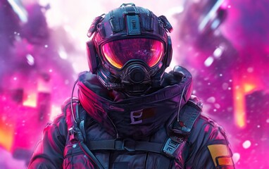 Poster - Futuristic soldier in hazmat suit, neon pink background.