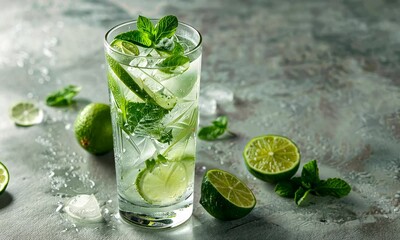 Wall Mural - Refreshing lime and mint drink with ice in tall glass on textured surface