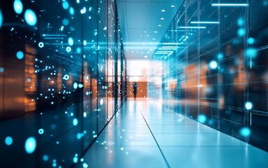 Poster - Person walking down a futuristic server room corridor with glowing data streams.