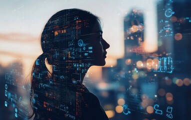 Aufkleber - Woman's silhouette overlaid with digital data against city skyline at sunset.