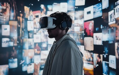 Poster - Man wearing VR headset immersed in a digital world of images.