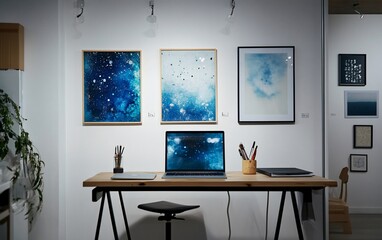 Aufkleber - Modern minimalist workspace with blue artwork and laptop.