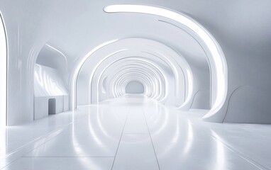 Poster - Futuristic white corridor with glowing arches and reflective floor.