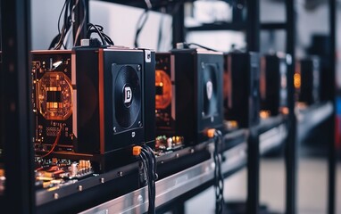 Poster - Close-up of multiple mining rigs in a data center, showcasing intricate hardware and wiring.