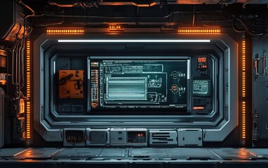 Poster - Futuristic spaceship control panel interior with monitor displaying technical data.