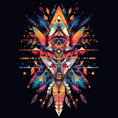 Poster - Vibrant symmetrical abstract art with feathers, arrows, and geometric patterns on a black background.